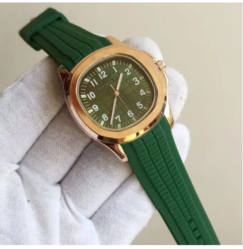 Nautilus Rubber Strap Watch - Gold Case Green Dial